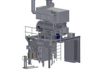 Industrial furnace plant (650°C) with thermal post-combustion, steel platform and extensive equipment for sound insulation and charging